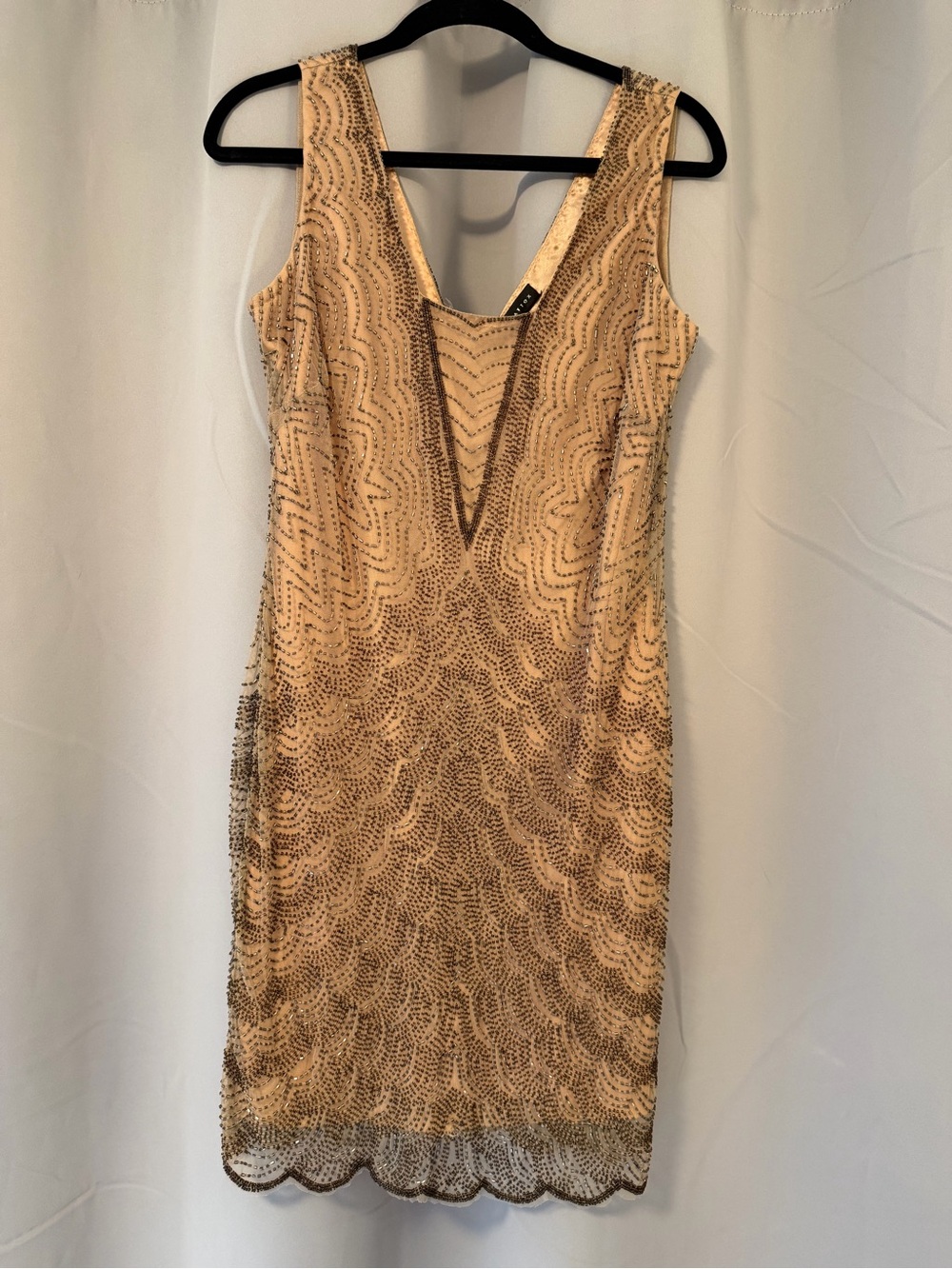 Aidan Mattox Beige/Gold Beaded V-Neck Mini Dress